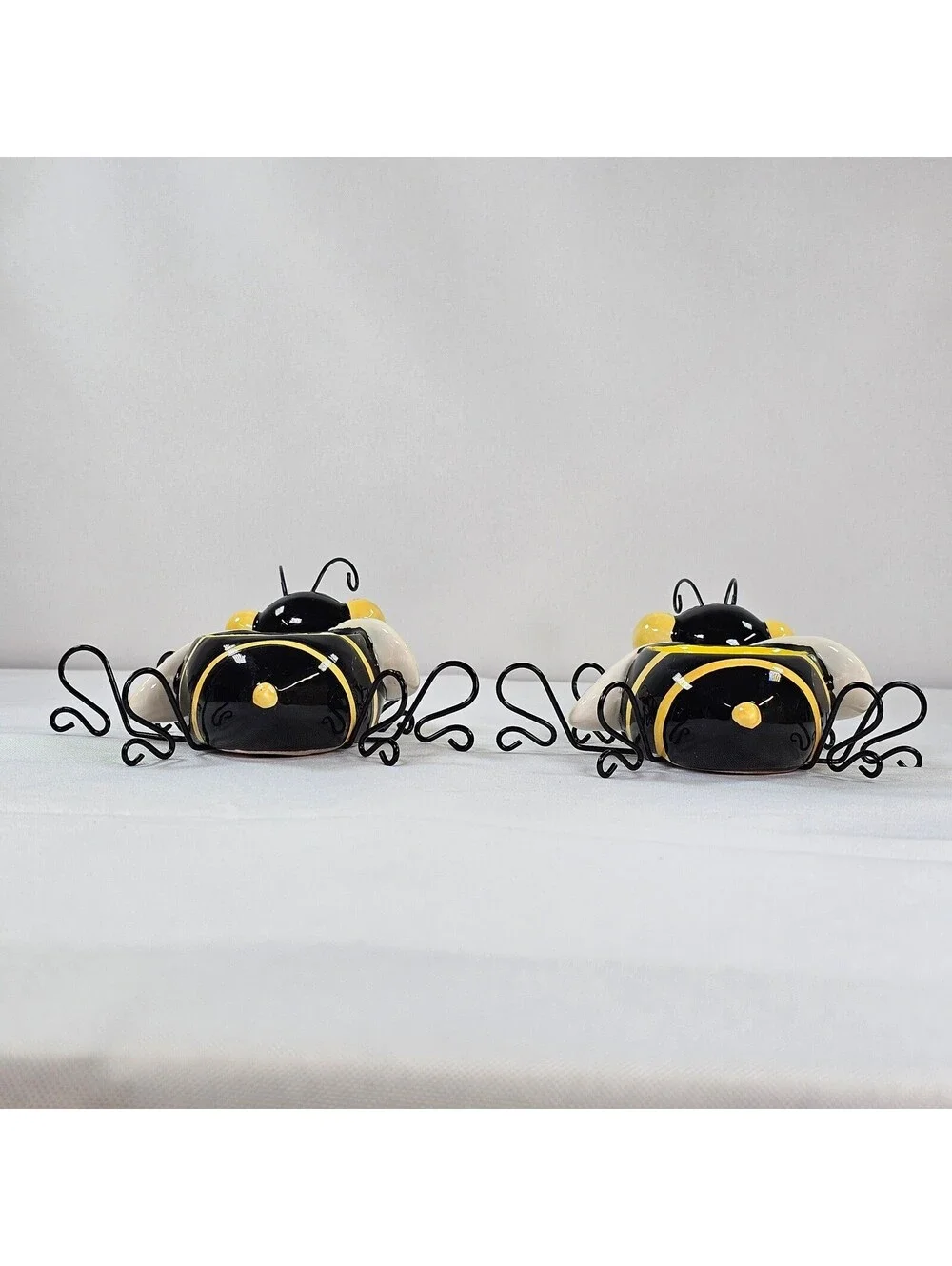 Ceramic Bumble Bee Tea Light Candle Holder Pair Yellow Black Striped Wire Legs